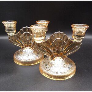 Jeannette Iris & Herringbone Carnival Glass Double Candlesticks Marigold Pair